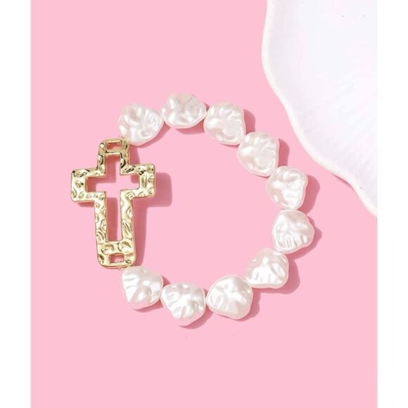 Ivory Pearl Gold Cross Stretch Bracelet - Picture 1 of 4